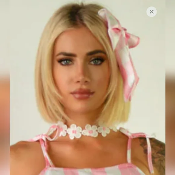 Pink & White Gingham Tie Shoulder Fit To Flare Dress + Costume Accessories (L) - Picture 9 of 16